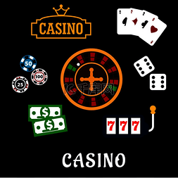 扑克桌垫图片_赌场平面图标，带有轮盘、骰子、
