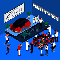 汽车广告图片_蓝色背景下的汽车演示等距构图屏