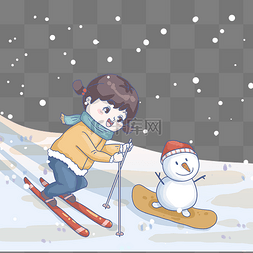 大寒冬天女孩雪人滑雪