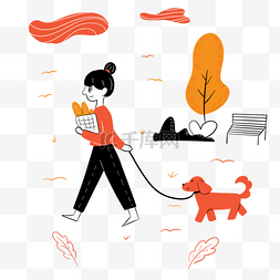 抽象树插画图片_红衣女孩公园遛狗抽象插画