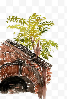 水墨画门图片_屋顶上的椿树水墨