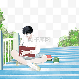清新盛夏图片_夏季盛夏男孩坐在台阶上学习看书