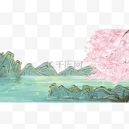 樱花树图片_春季河流山峰樱花树
