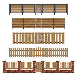 木栅栏和大门在平面样式。