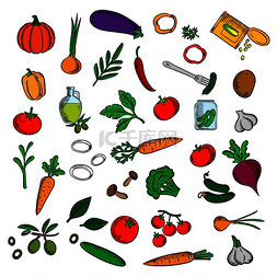 新鲜的蔬菜水果图片_明亮的蔬菜和素食调味品素描图标