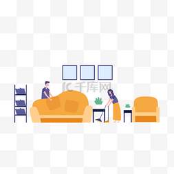 沙发客厅插画图片_夫妻打扫客厅卫生家庭清洁插画