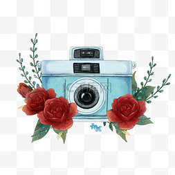 水彩相机红色花卉