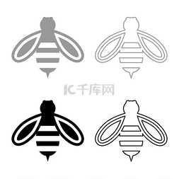 黑色风格图片_蜜蜂蜂蜜套装图标灰黑色矢量插图