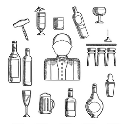 酒精瓶图标图片_酒保职业与酒吧柜台、酒精瓶、振