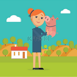 妇女在背景的手国家农场拿着猪。