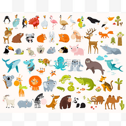 卡通的海洋动物图片_打印。卡通动物的大矢量集。森林