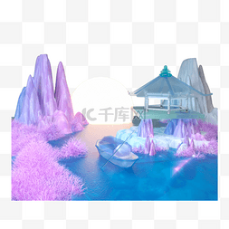 梦幻紫色背景素材图片_3D立体七夕情人节水晶六角亭梦幻