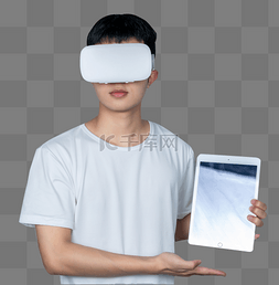 vr手图片_年轻男性VR眼镜科技手拿平板