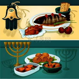 犹太面包图片_犹太美食节日晚餐横幅与 matzah 和 
