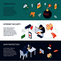 黑客活动集水平等距横幅与病毒攻