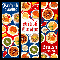 横幅美食图片_英国美食的矢量横幅烤火鸡薯条和