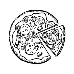速食食品标签图片_速食披萨素描，配香肠、蘑菇、橄