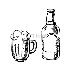 啤酒泡沫素材图片_啤酒瓶和充满泡沫头的啤酒杯，轮