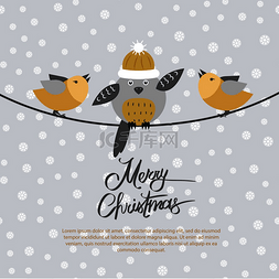 黑白色卡通鸟图片_与三只鸟的圣诞快乐卡片在灰色背