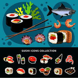 寿司平面组合与彩色海报和寿司图