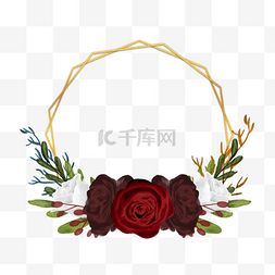 波西米亚边框图片_勃艮第玫瑰水彩花卉金线边框