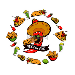 墨西哥餐厅图片_戴着宽边帽的红辣椒正在吃墨西哥