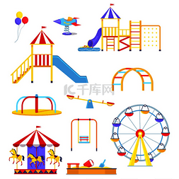 儿童玩气球图片_有趣的滑梯、色彩缤纷的旋转木马
