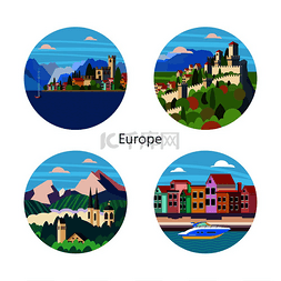 圆形设计的城市图片_带有欧洲城市景观的圆形图标。