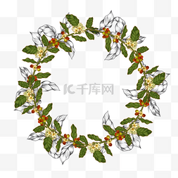 植物组成的圆图片_咖啡树叶复古花环边框