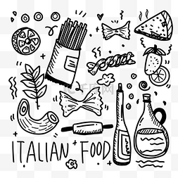意大利各种美食食物黑色线涂鸦