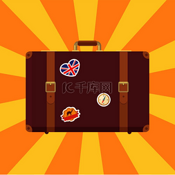 棕色的条纹图片_棕色手提箱，上面有贴纸，有行李