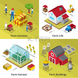 农场概念4等距图标广场农业生活