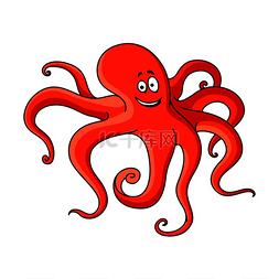 红色卡通章鱼长着长长的触须在海
