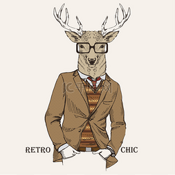 鹿穿着复古风格的时装插画