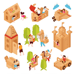 游戏建筑插图图片_等距儿童纸盒纸板创意游戏套装带