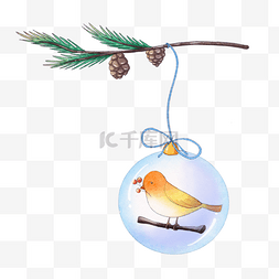 针叶树锥图片_水彩小鸟圣诞装饰球