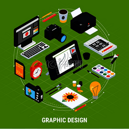 设计师在设计图片_在绿色背景 3d 矢量图上使用计算