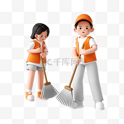 ai志愿者图片_51劳动节3D立体志愿者人物打扫卫