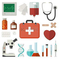 医疗医学背景设计图片_医学图标平面风格的医疗器械和药