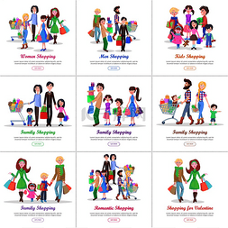 卡通网络购物图片_家庭购物横幅套装父亲和母亲的卡