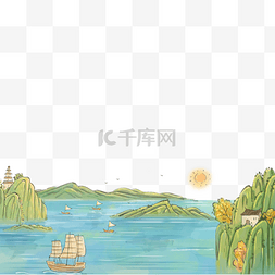 海洋水彩风图片_中国航海日古风古代航海水彩风景