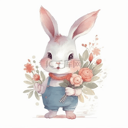 鲜花橙色图片_捧着鲜花的小兔子