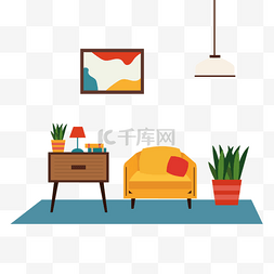 室内风格图片_客厅房间起居室扁平风格沙发花盆