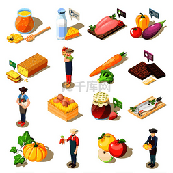 肉水果蔬菜图片_一套等距图标有机食品，包括水果