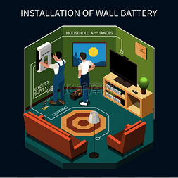 房间构图图片_两名工人在墙上安装电源的房间室