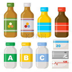 插图医学背景图片_装有维生素的罐子药物白色背景上