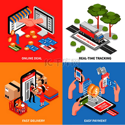 在线购物电子商务概念4个等距图