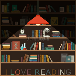 文学横幅图片_我喜欢阅读带有书架和照明灯的横