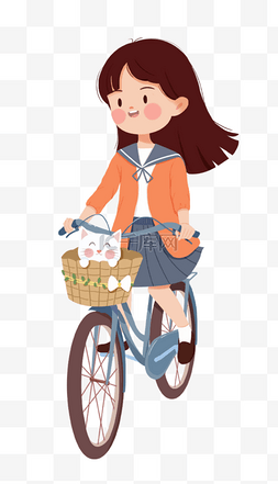 吐舌头的猫咪图片_女孩骑自行车猫咪