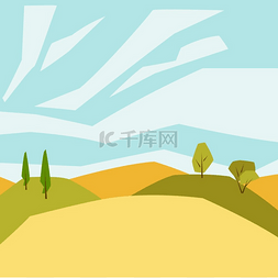 天空和草地图片_与树和小山的秋天风景。